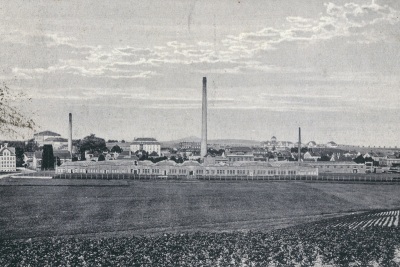 Postkarte mit Filzfabrik im Jahr 1918