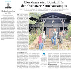 Sie haben eine Vision: Björn Heiden, Anja Helbig, David Pfennig und Christoph Wendland vor dem Blockhaus auf dem Gelände der Oschatzer Filzfabrik. Hier soll der Oschatzer Naturbaucampus entstehen.